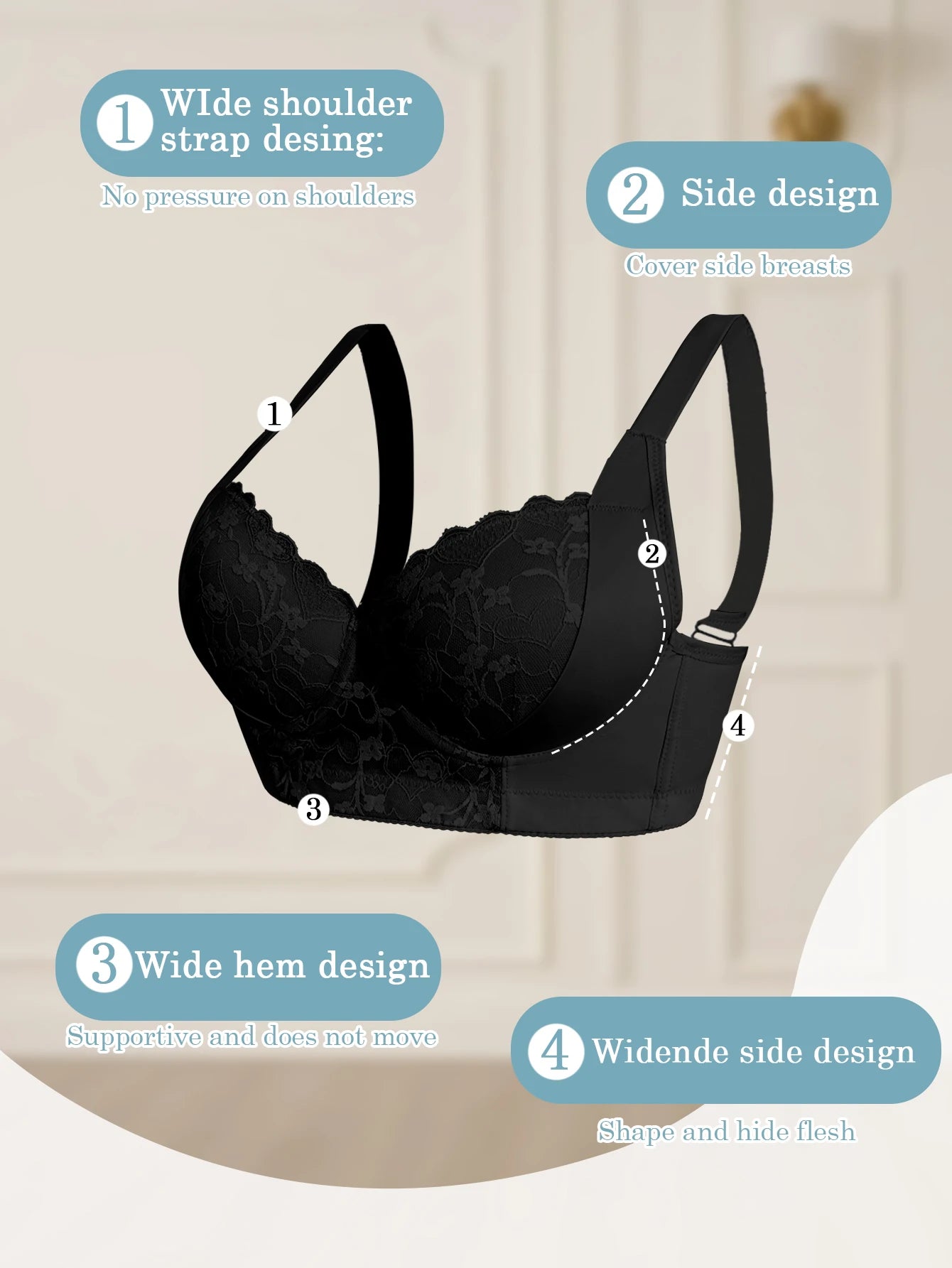 Bravellea Sexy Lace Bra A-D Cup - Push-Up Minimizer Side Support Underwire