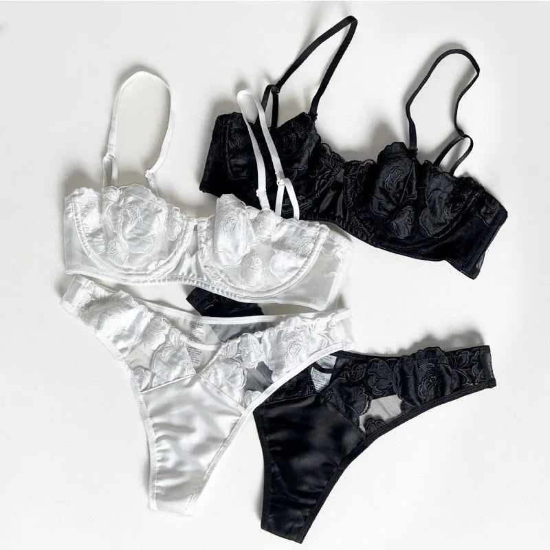 Bravellea French Rose Embroidery Set - Ultra-Thin Lace Bra & Panty