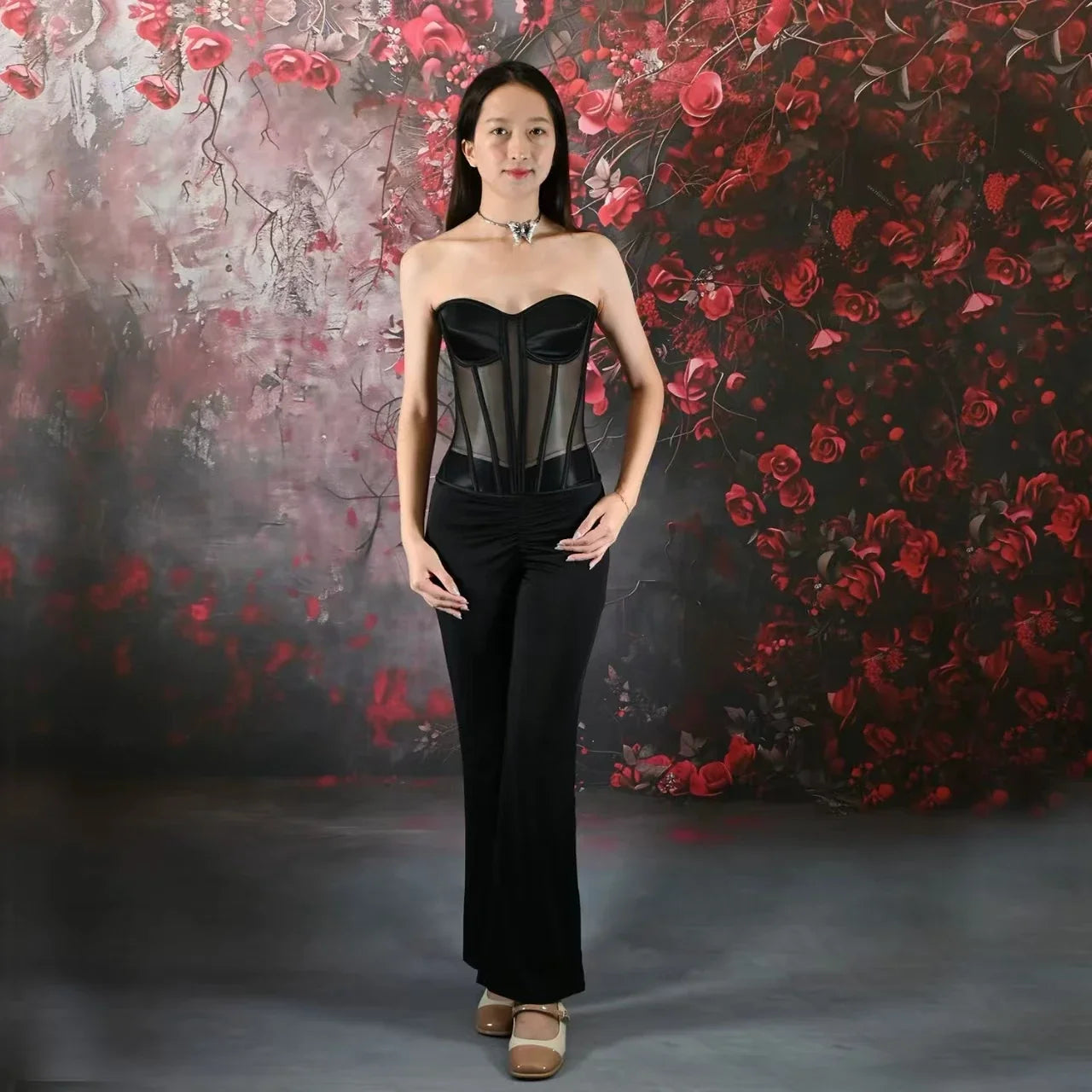 Women Corset Bustier With Bra Transparent Mesh Bodices For Wedding Body Shaper Slimm Waist Lace Up Boned Strapless Tube Tops.
