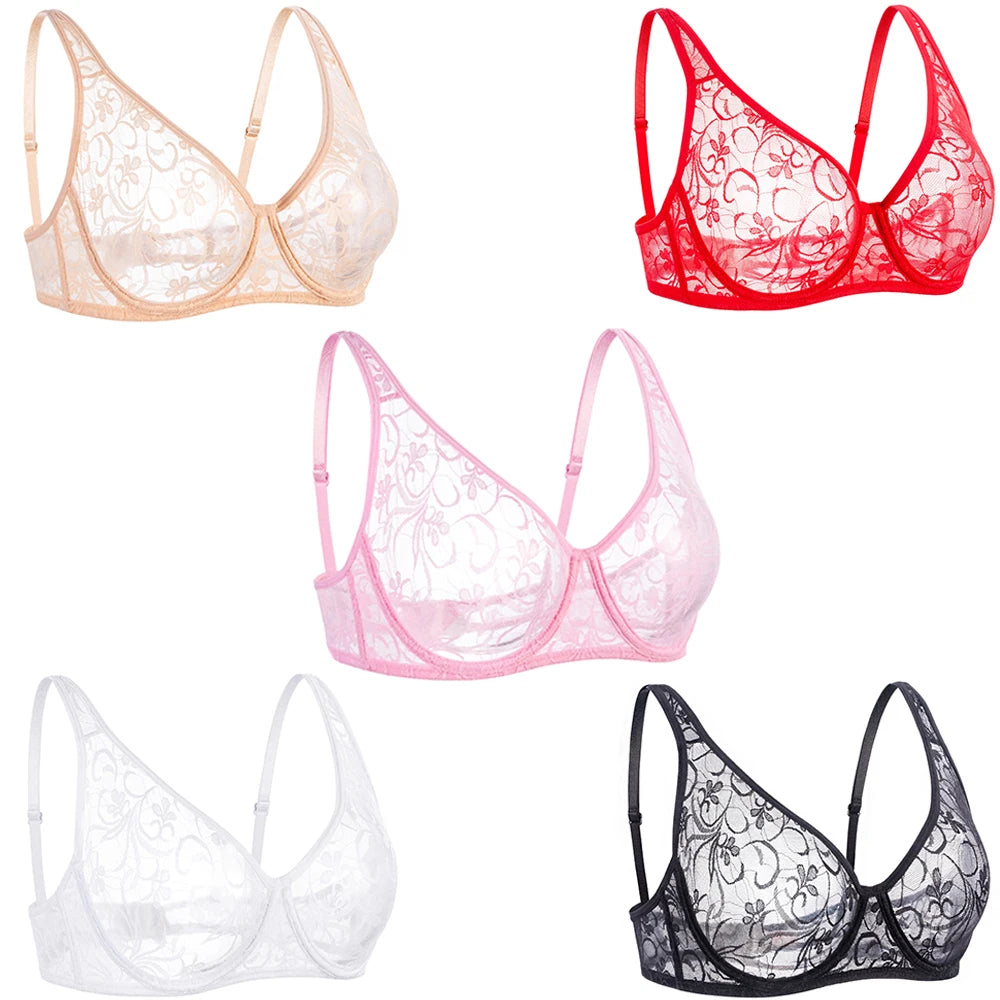 Bravellea Plus Size Lace Mesh Bra - See-Through Embroidery Underwire A-DD