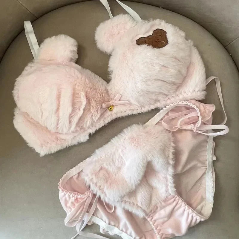Bravellea Kawaii Bear Bra Set - Japanese Cute Plush Winter Lingerie
