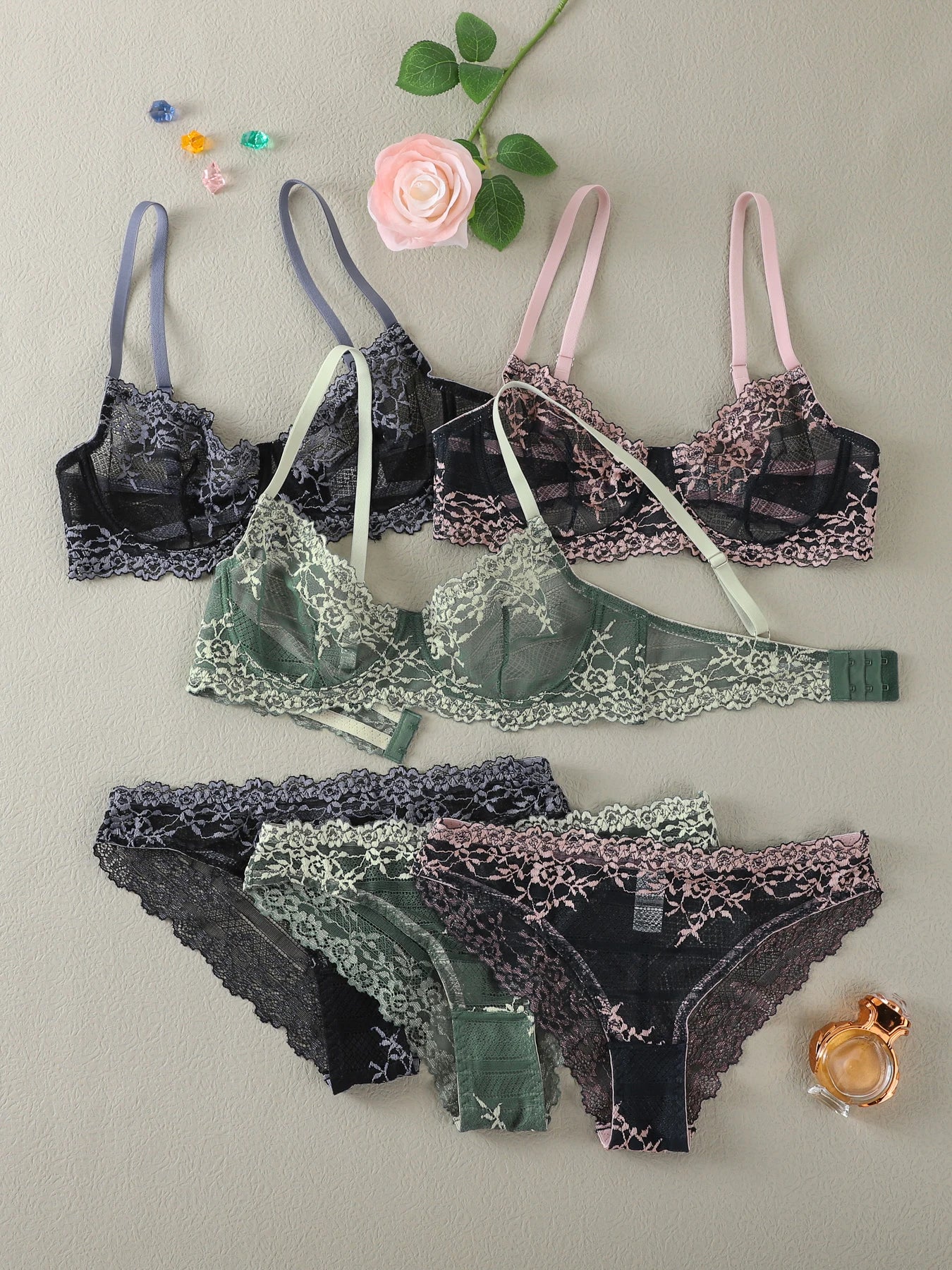 Bravellea See-Through Lace Lingerie Set - 2-Piece Underwire Bra & Panty