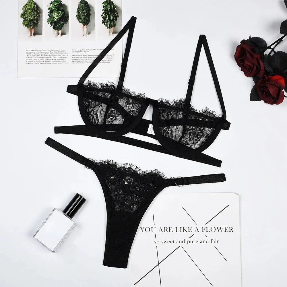 Bravellea Sexy Lace Lingerie Set - Transparent Embroidery Bra & Panty.