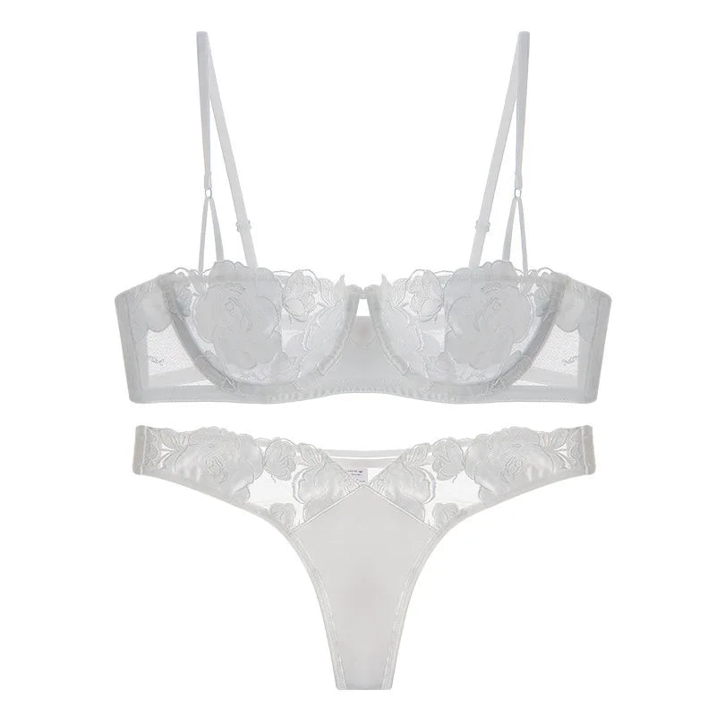 Bravellea French Rose Embroidery Set - Ultra-Thin Lace Bra & Panty