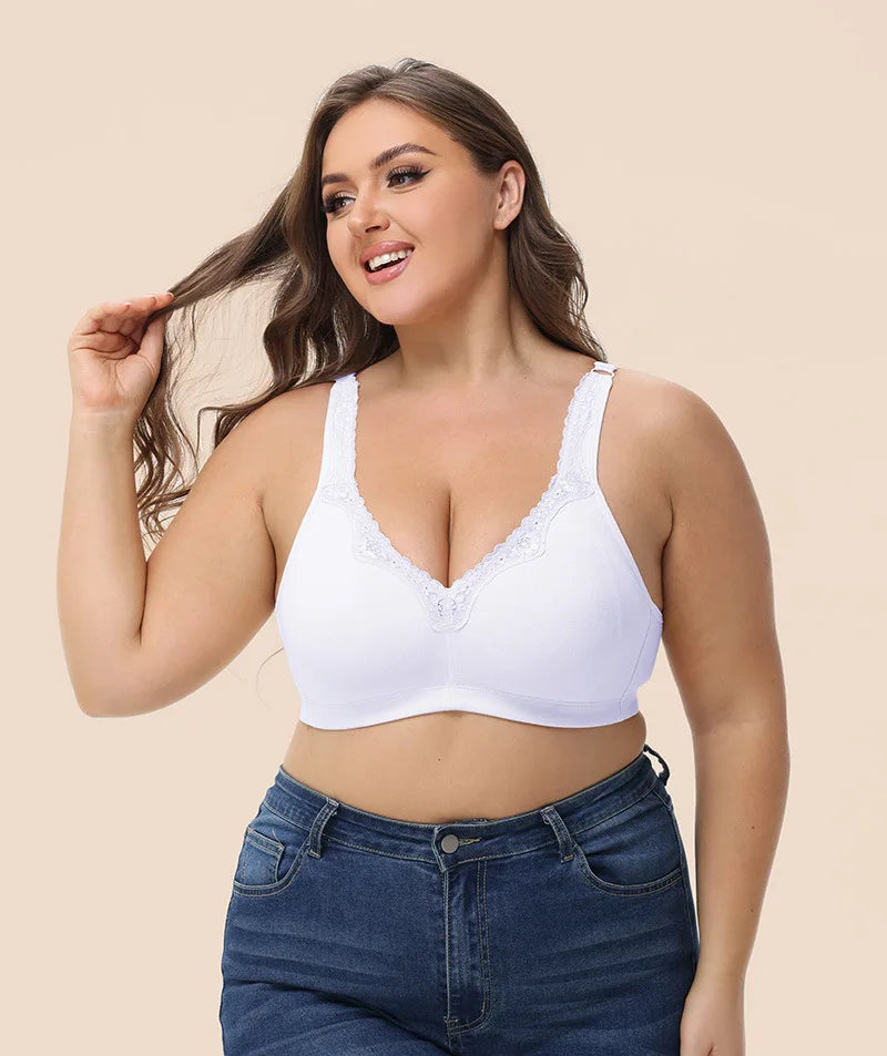 Bravellea Plus Size Cotton Full Cup Bra - Breathable Lace Trim B-F Cup