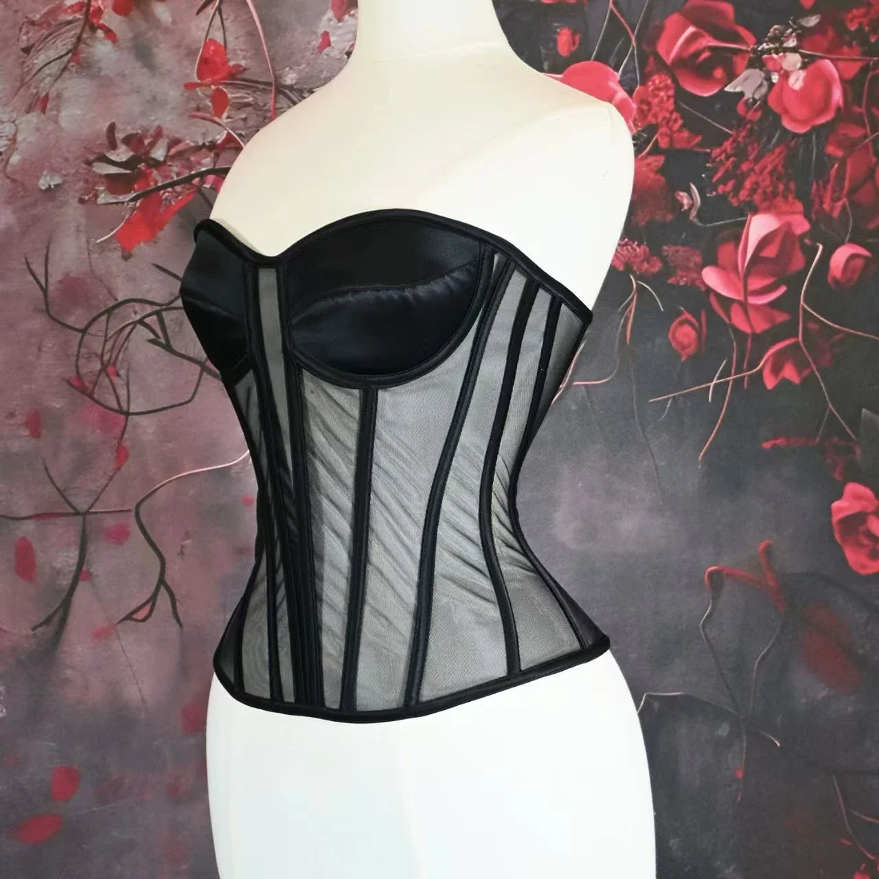 Women Corset Bustier With Bra Transparent Mesh Bodices For Wedding Body Shaper Slimm Waist Lace Up Boned Strapless Tube Tops.