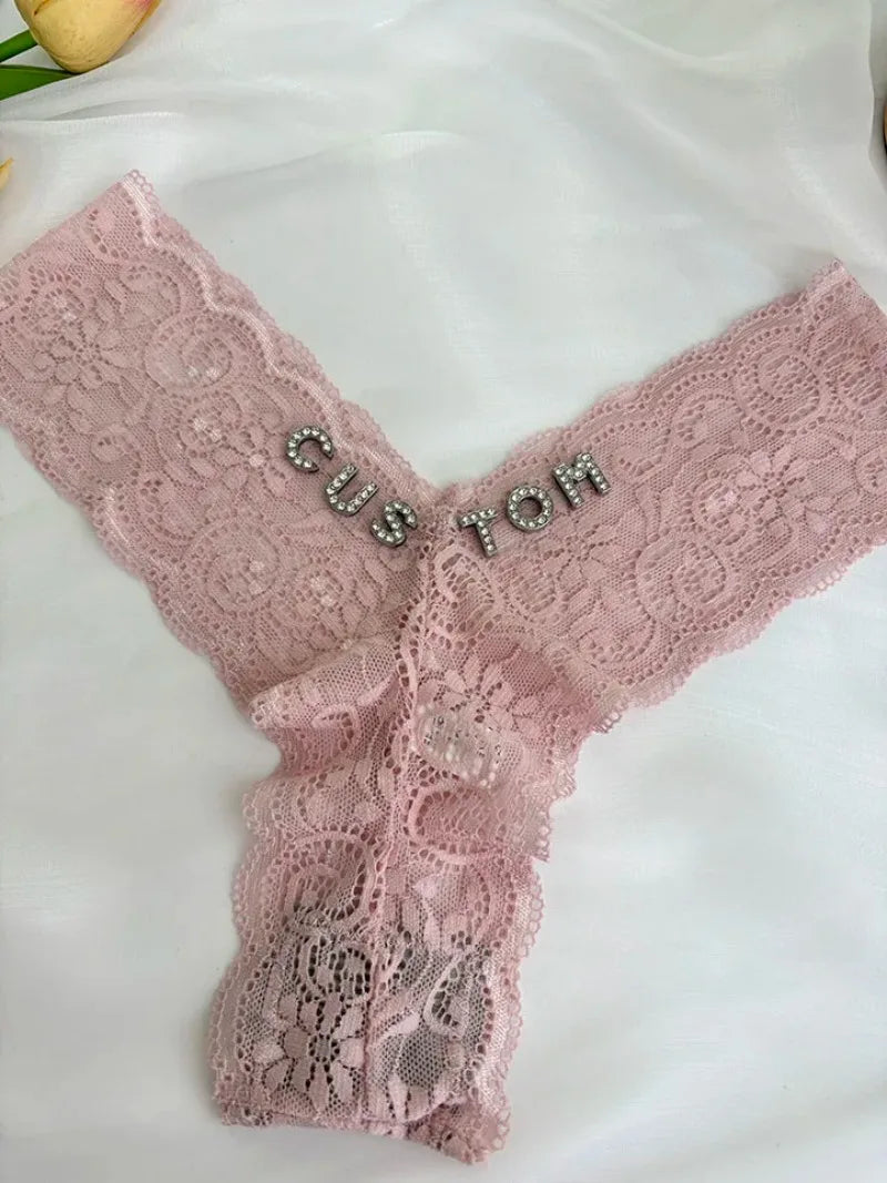 Bravellea Personalized Crystal Name Thong - Custom Text Lace G-String Gift.
