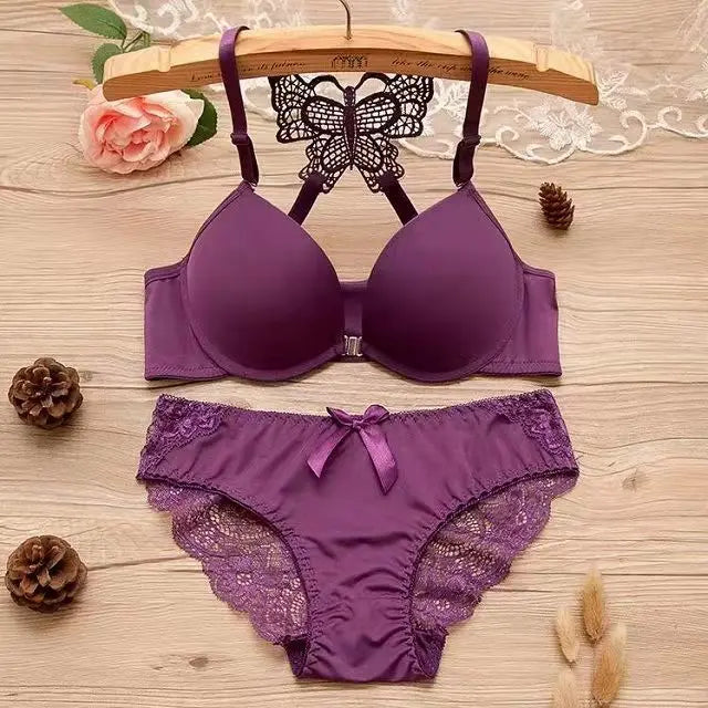 Bravellea Front Buckle Butterfly Bra Set - Detachable Straps See-Through Lingerie.