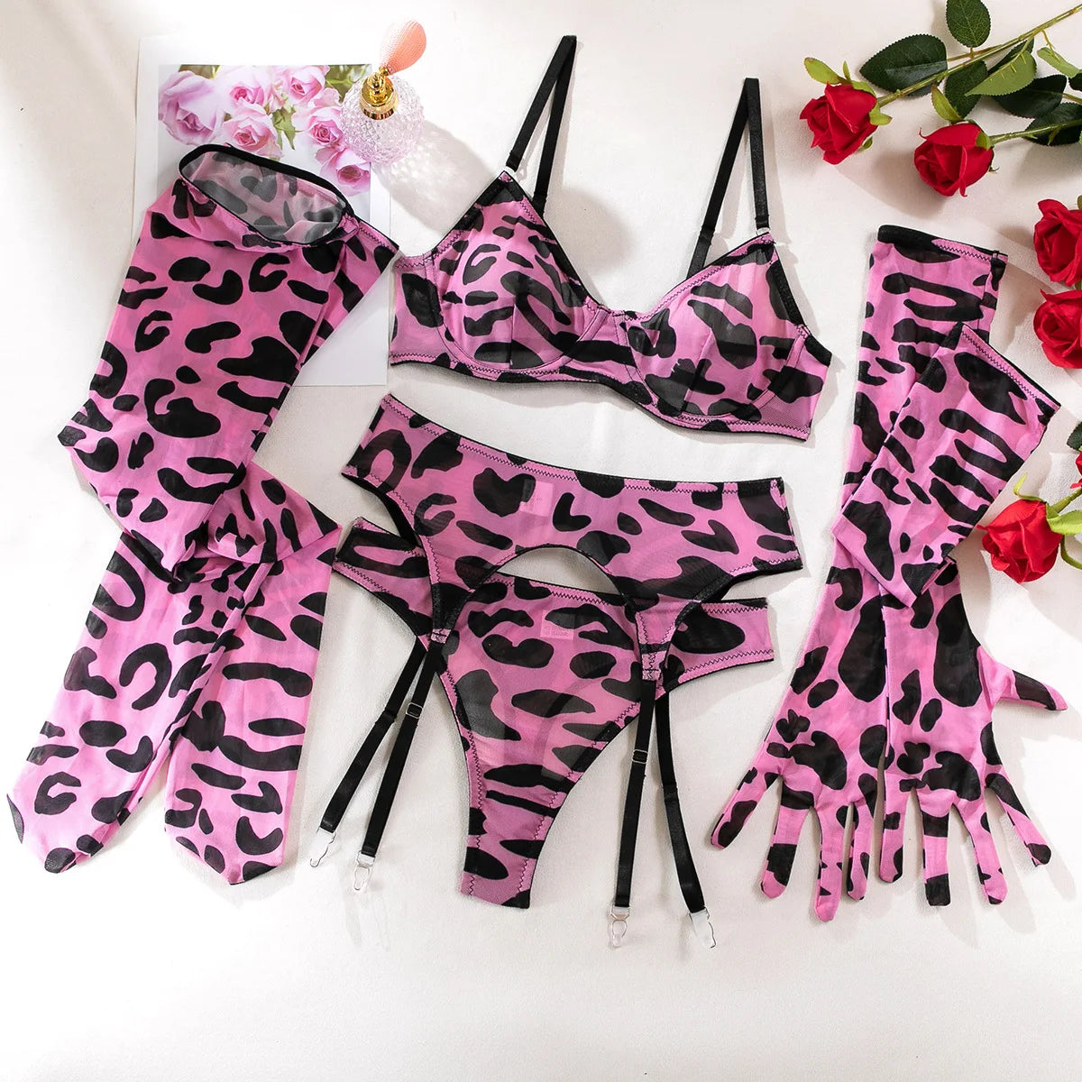 Bravellea Sexy Perspective Lingerie 5-Piece Set - Printed Bra, Gloves & Leg Set.