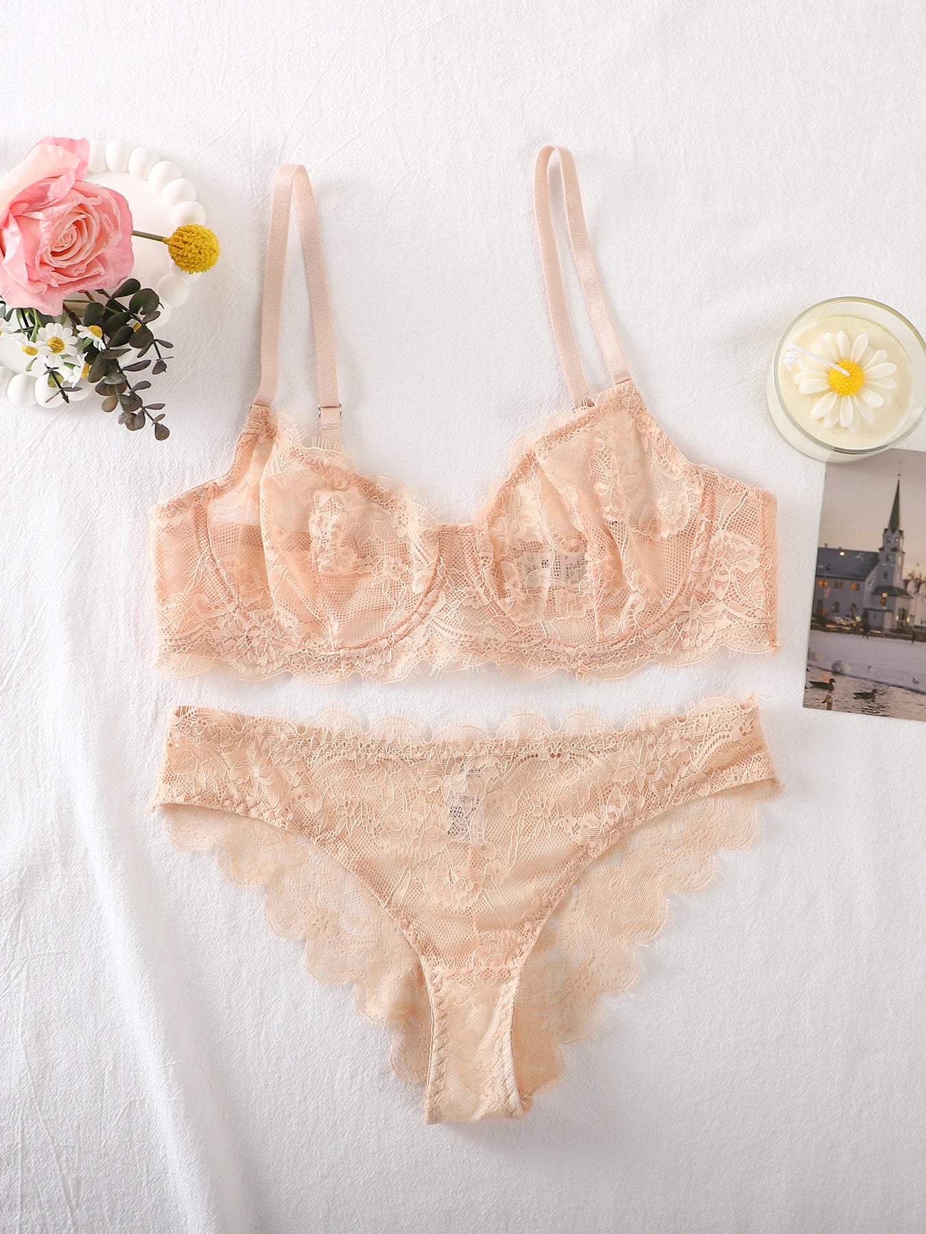Bravellea See-Through Lace Intimates Set - Underwire Bra & Panty Multi-Color