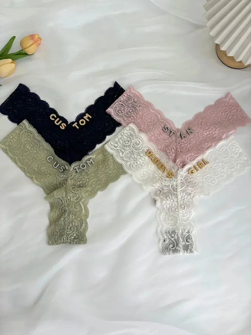 Bravellea Personalized Crystal Name Thong - Custom Text Lace G-String Gift.