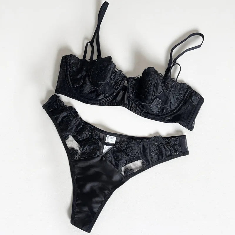 Bravellea French Rose Embroidery Set - Ultra-Thin Lace Bra & Panty