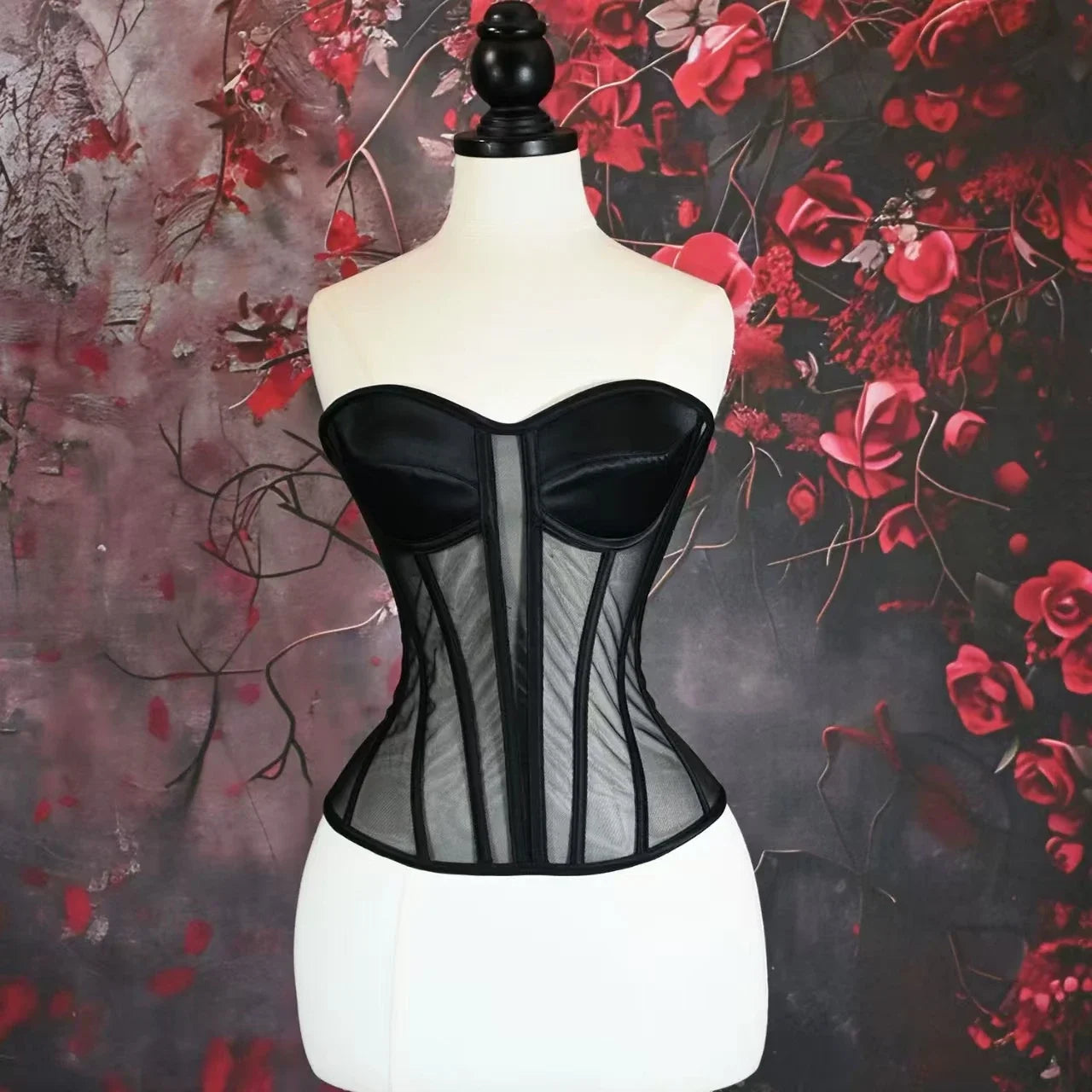 Women Corset Bustier With Bra Transparent Mesh Bodices For Wedding Body Shaper Slimm Waist Lace Up Boned Strapless Tube Tops.