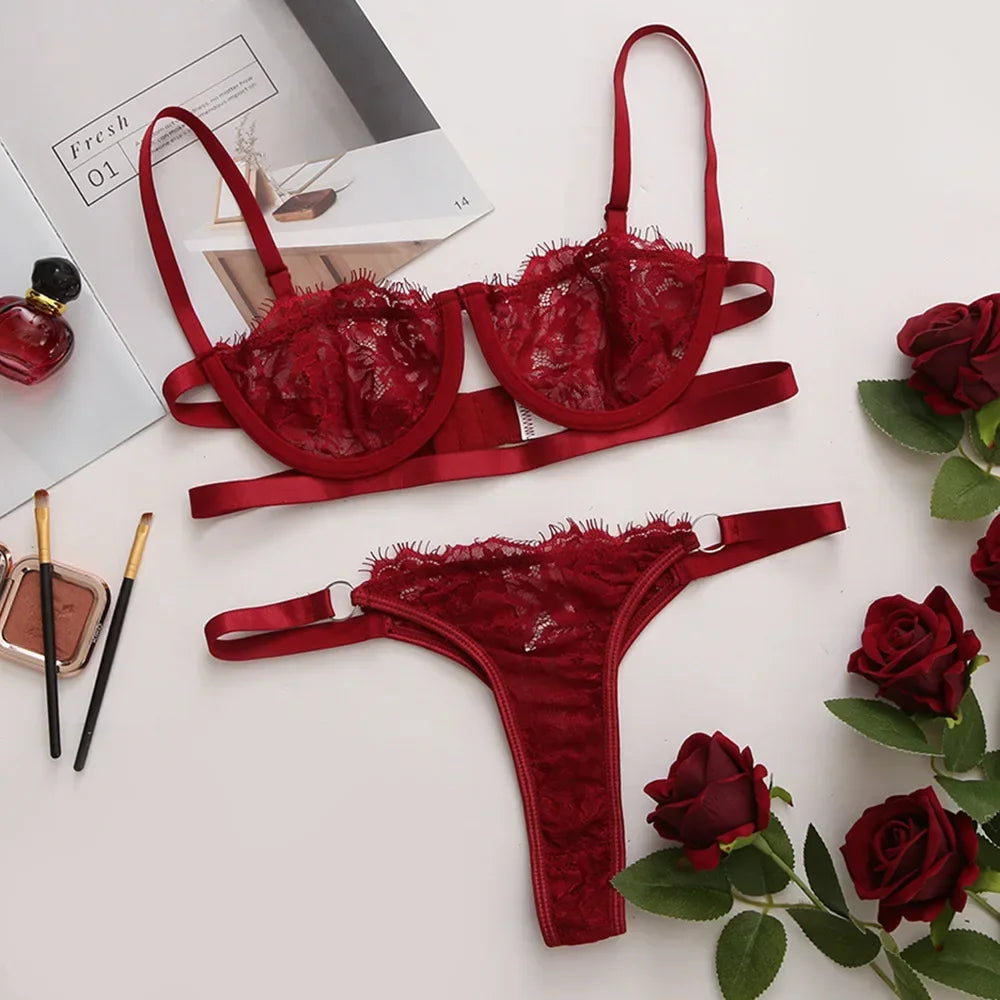 Bravellea Sexy Lace Lingerie Set - Transparent Embroidery Bra & Panty.