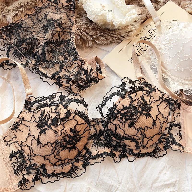 Sexy Lace Flowers Embroidery Bra Set Thin 3/4 Cup Push Up Lingerie For Women Summer Breathable Comfort Brassiere Underwear Sets.