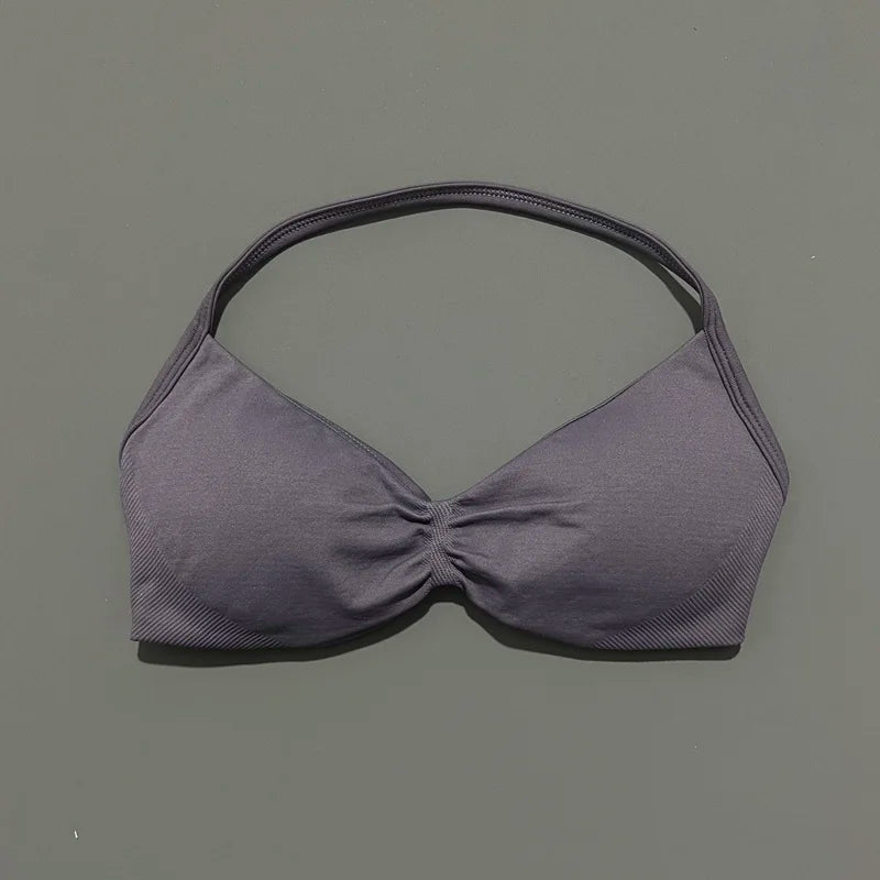 Bravellea Solid Color Impact Strappy Sports Bra - Seamless Yoga Halter Top