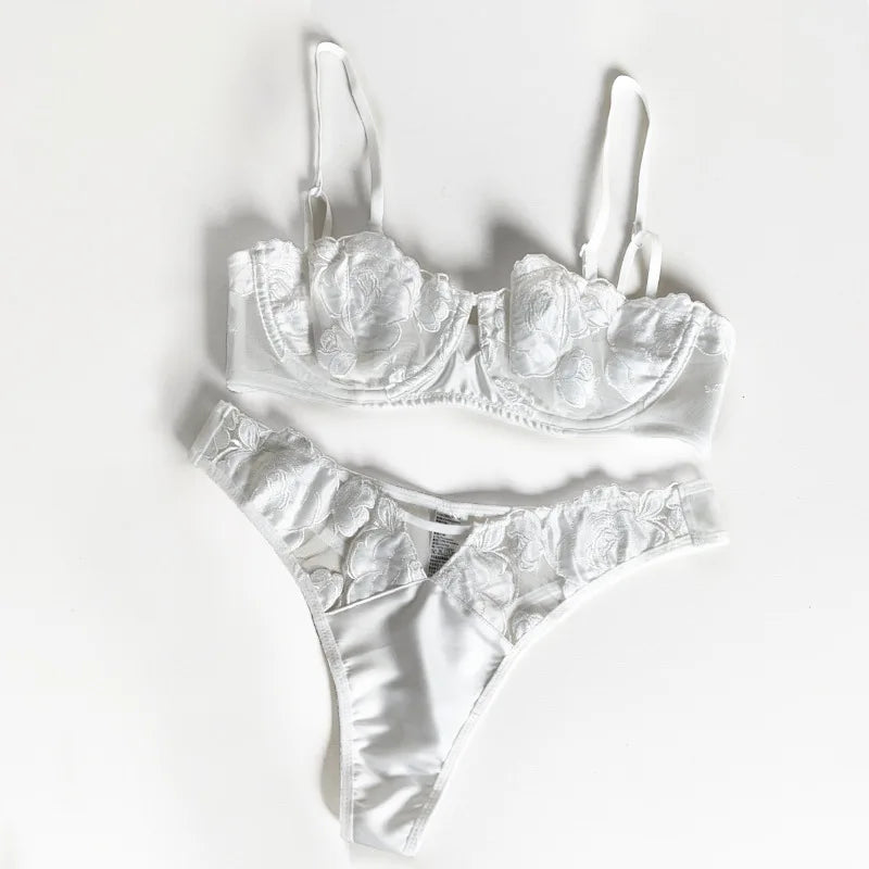 Bravellea French Rose Embroidery Set - Ultra-Thin Lace Bra & Panty