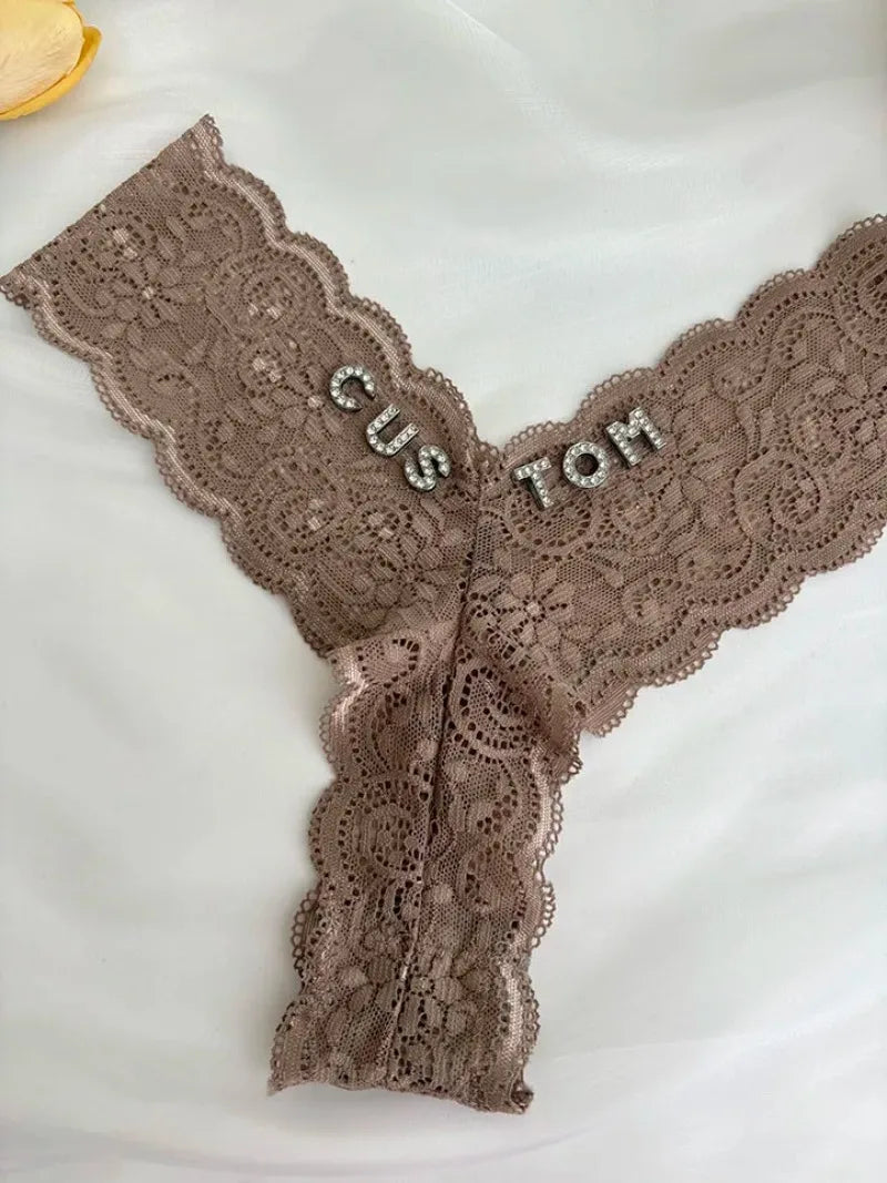 Bravellea Personalized Crystal Name Thong - Custom Text Lace G-String Gift