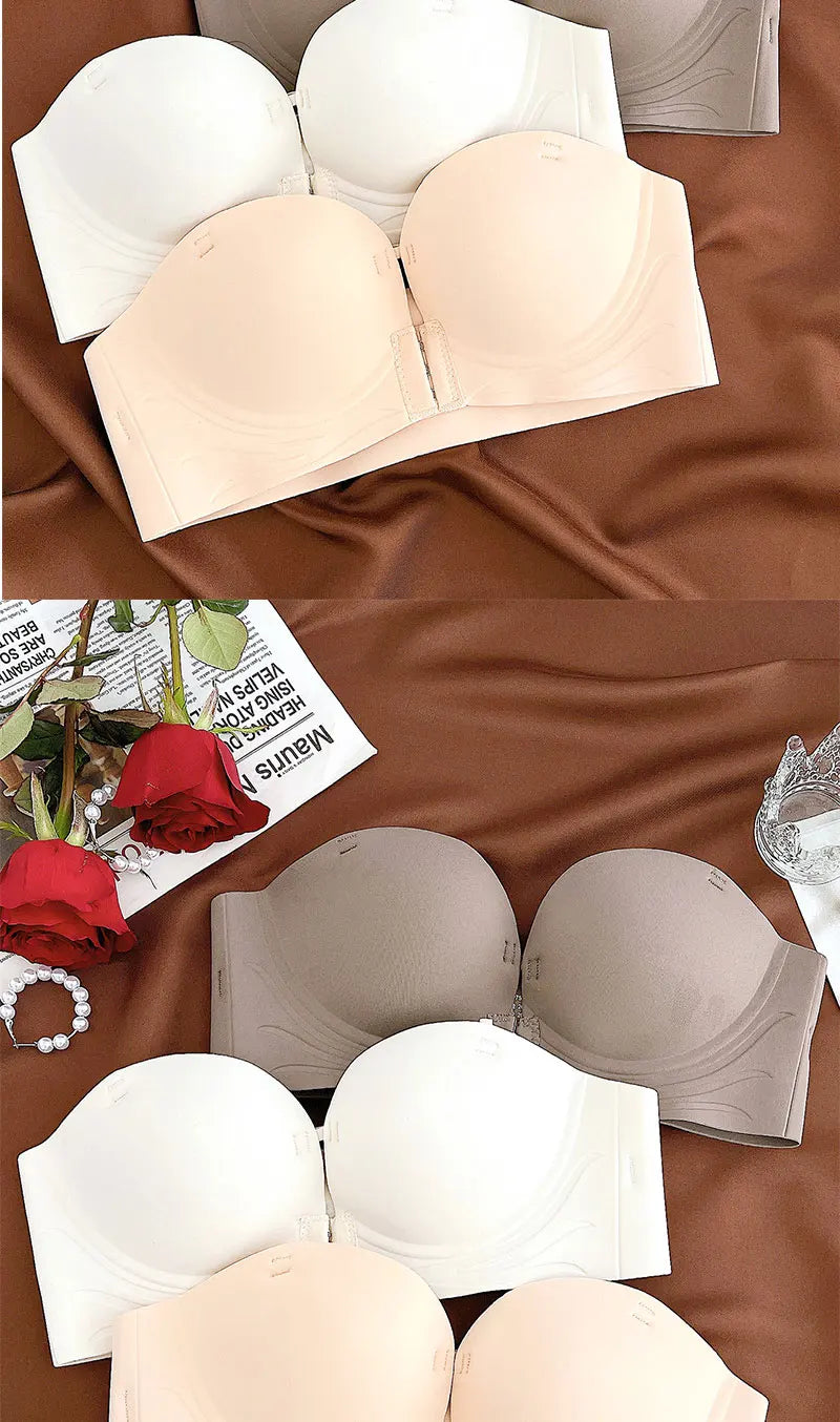 Bravellea Front Closure Push-Up Bra - Seamless Plunge Wireless Strapless