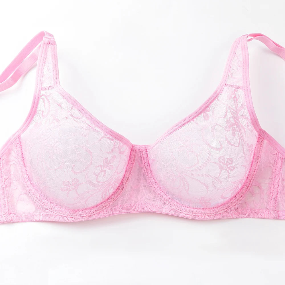 Bravellea Plus Size Lace Mesh Bra - See-Through Embroidery Underwire A-DD