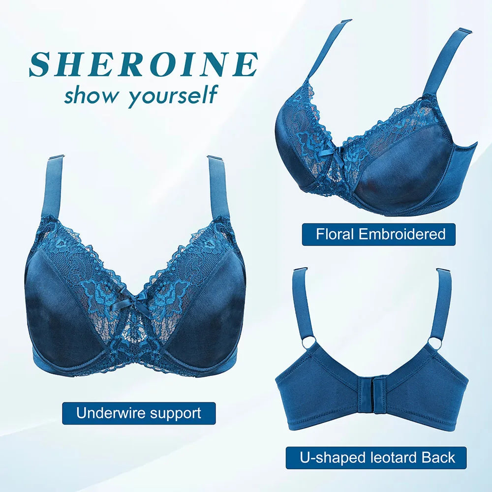 Bravellea Plus Size Floral Lace Bra - Minimizer Full Coverage Underwired