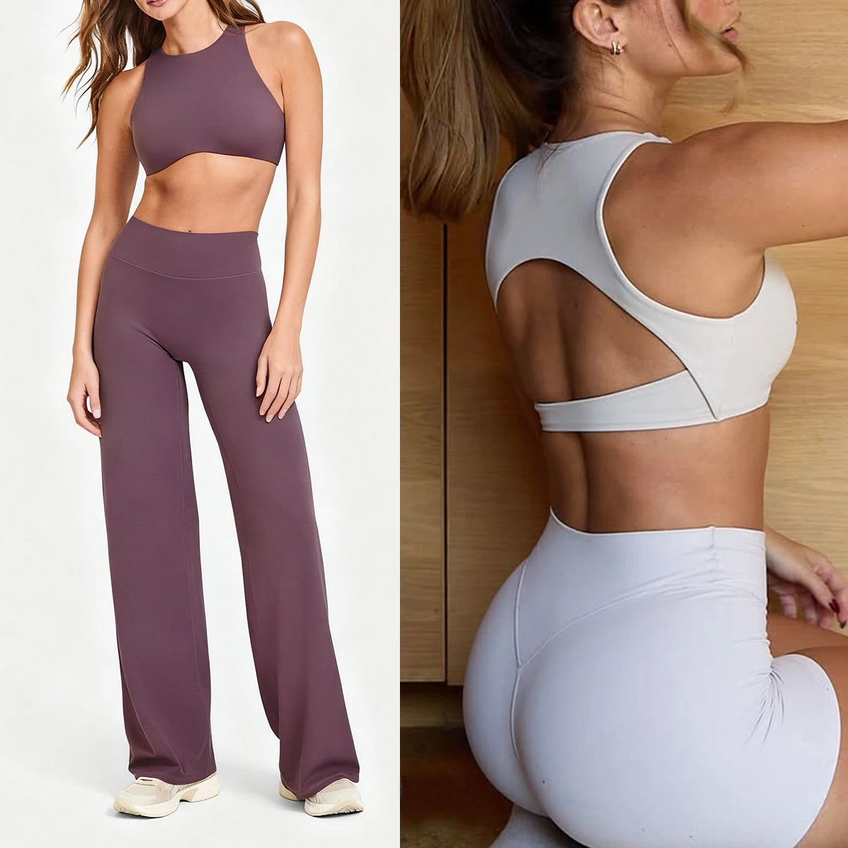 Bravellea High Neck Sports Bra & Leggings Set - Gym Top with Built-In Cups