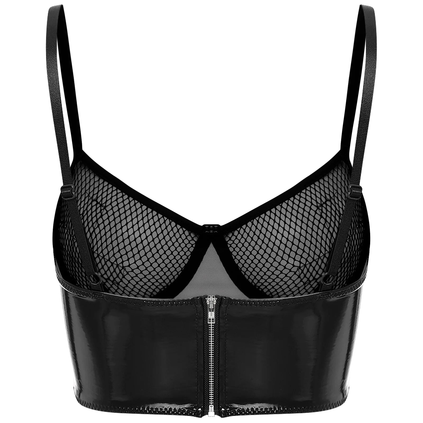 Bravellea Wet Look Leather Bustier - Sexy Push-Up Mesh Balconette Crop Top