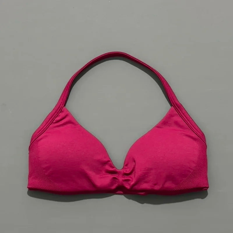 Bravellea Solid Color Impact Strappy Sports Bra - Seamless Yoga Halter Top