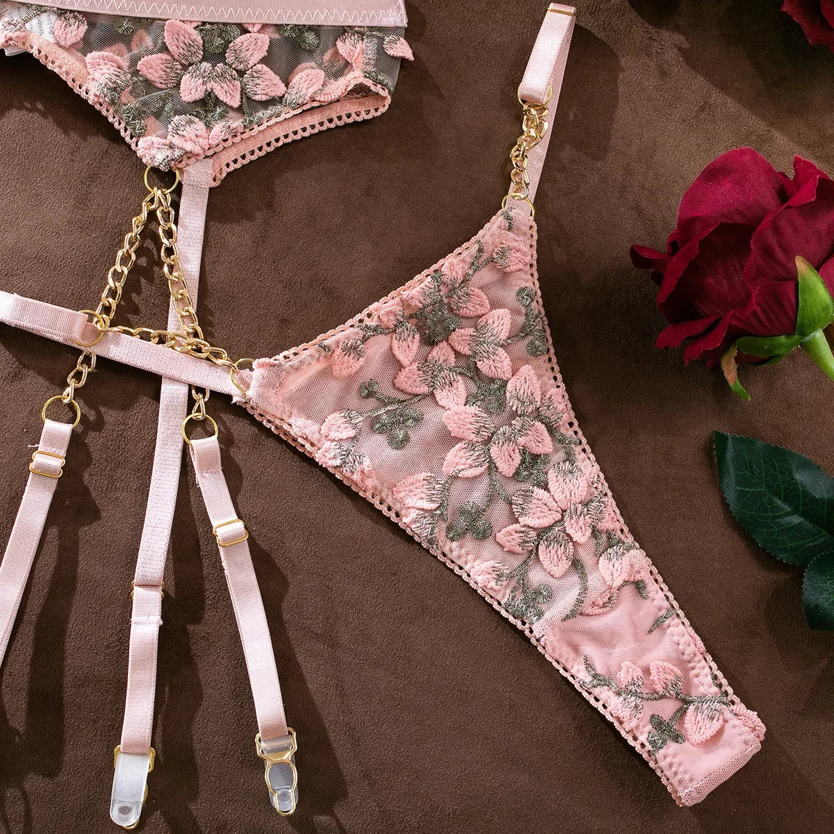 Bravellea Embroidered Flower Perspective Set - Sweet Sexy Chain 3-Piece