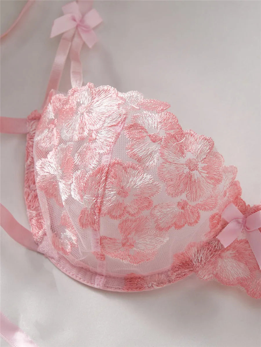 Bravellea Embroidery Bra & Brief Set - Blue Lace Sexy See-Through Lingerie.