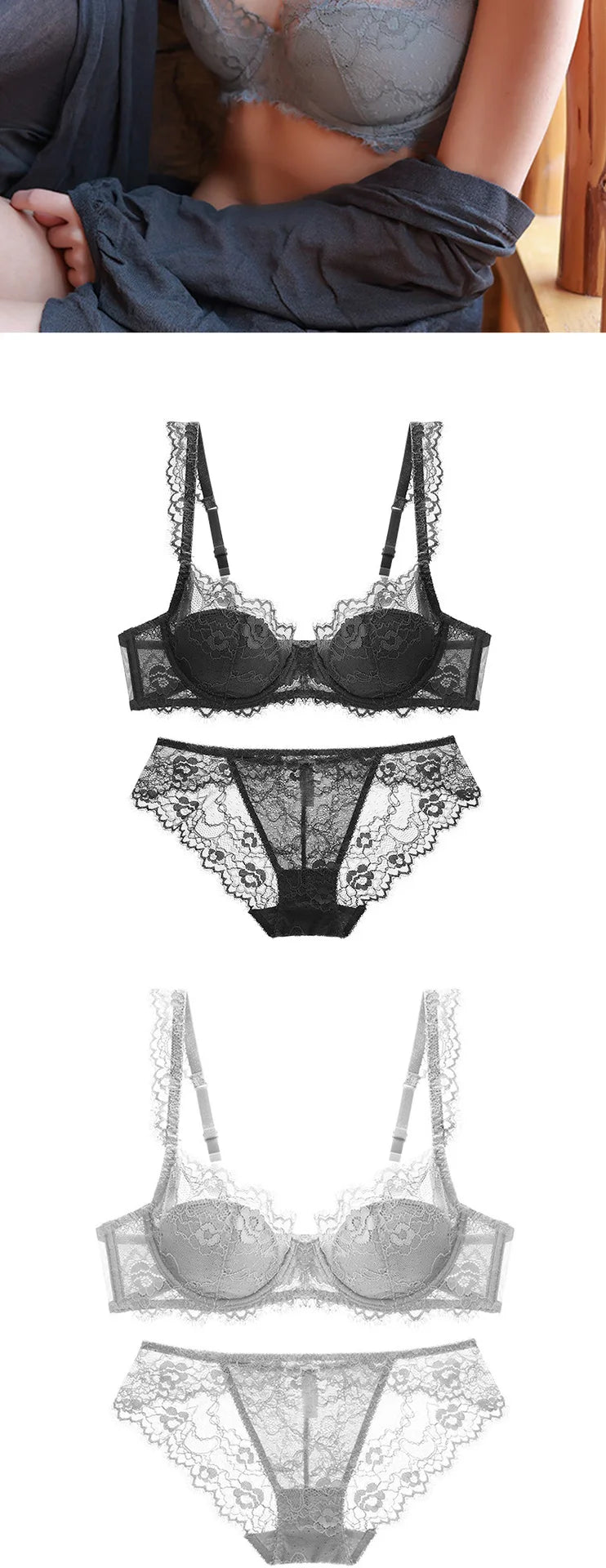 Bravellea Sexy Lace Lingerie Set - Elegant Thin See-Through Bra & Panty