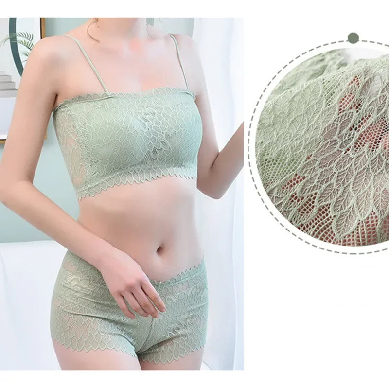Bravellea Lace Tube Bra & Panty Set - Wireless Summer Padded Bralette.