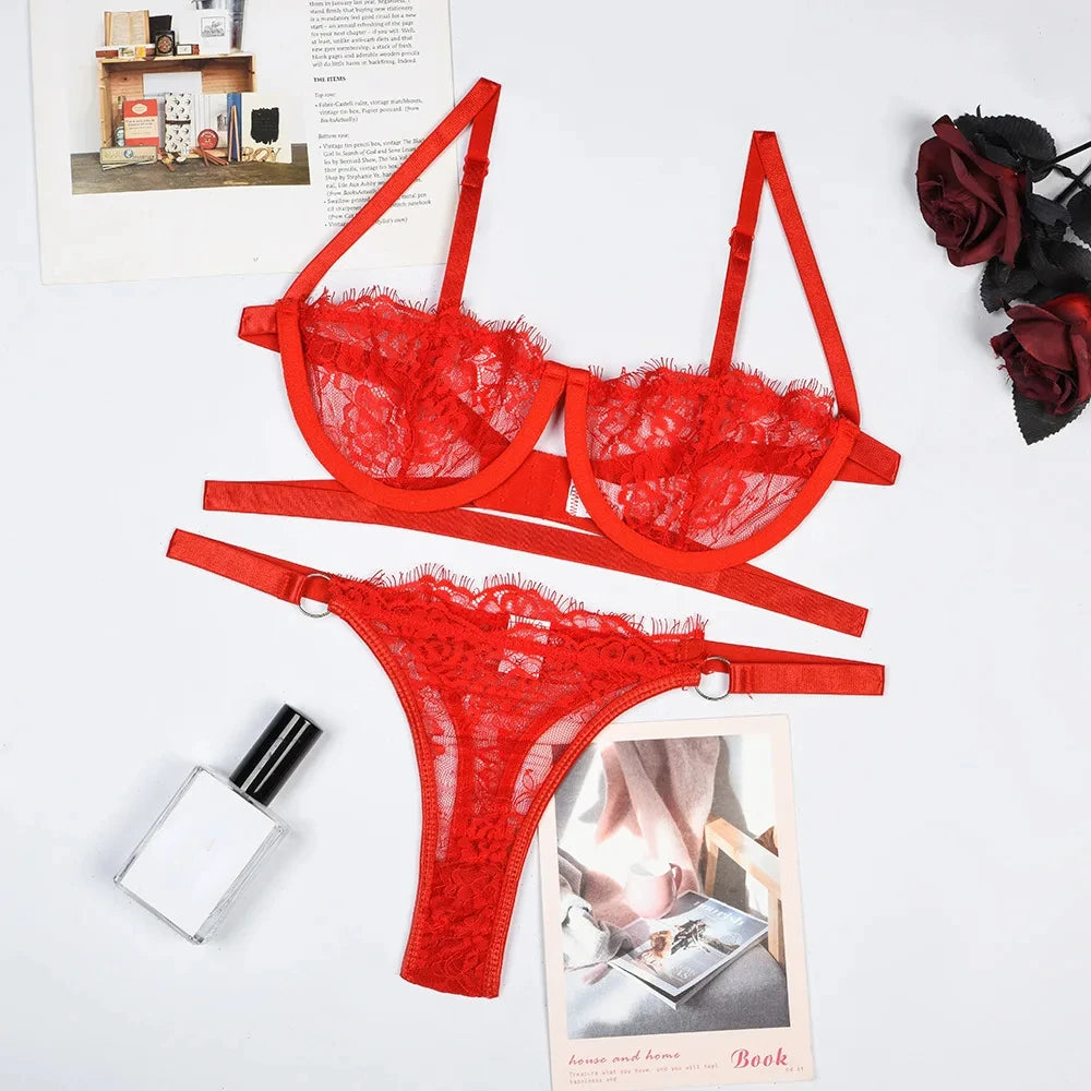 Bravellea Sexy Lace Lingerie Set - Transparent Embroidery Bra & Panty.