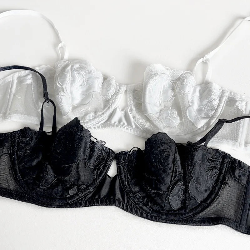 Bravellea French Rose Embroidery Set - Ultra-Thin Lace Bra & Panty