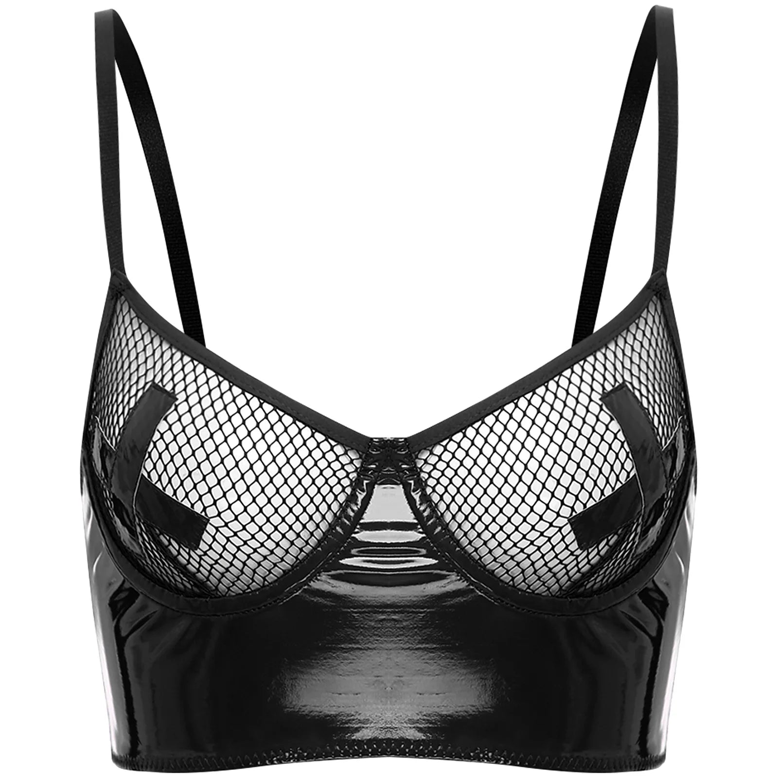 Bravellea Wet Look Leather Bustier - Sexy Push-Up Mesh Balconette Crop Top
