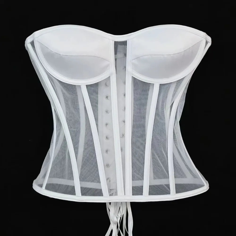 Women Corset Bustier With Bra Transparent Mesh Bodices For Wedding Body Shaper Slimm Waist Lace Up Boned Strapless Tube Tops.