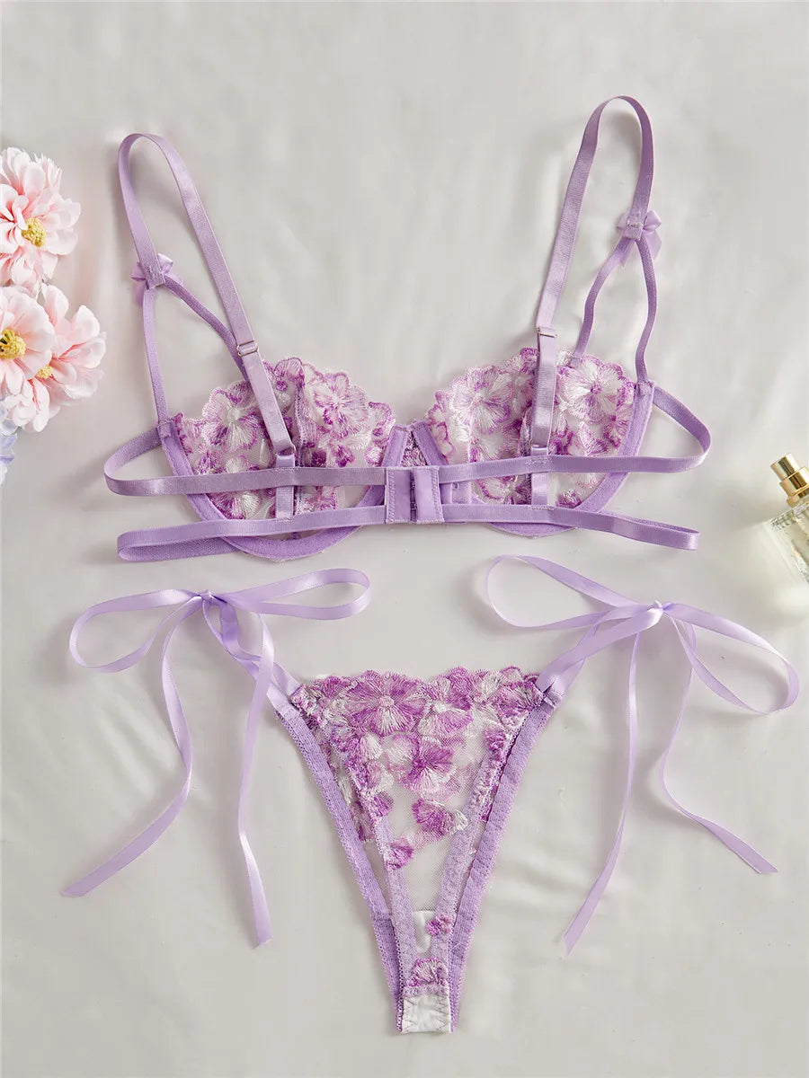 Bravellea Embroidery Bra & Brief Set - Blue Lace Sexy See-Through Lingerie