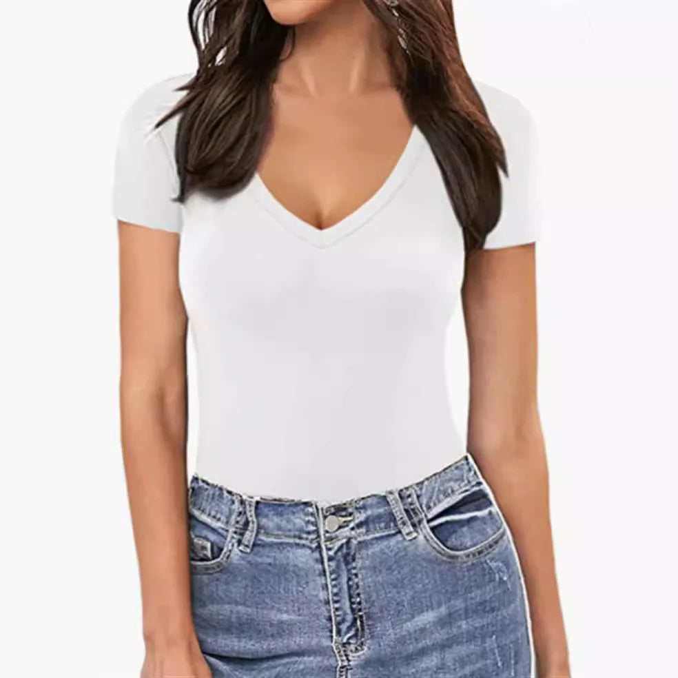 Bravellea Sexy Slim Bodysuit - Short Sleeve V-Neck Bodycon Shaper