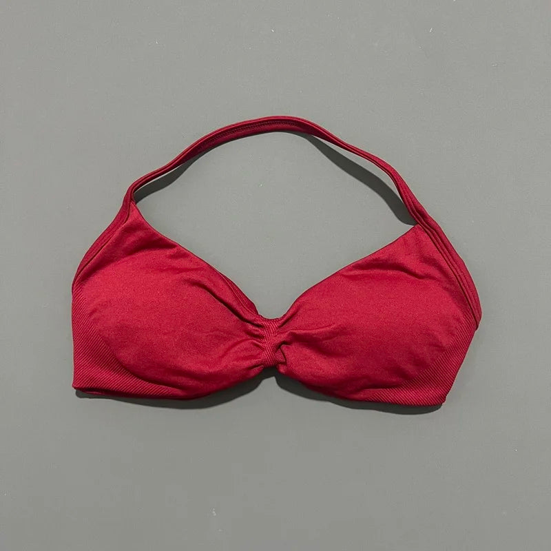 Bravellea Solid Color Impact Strappy Sports Bra - Seamless Yoga Halter Top