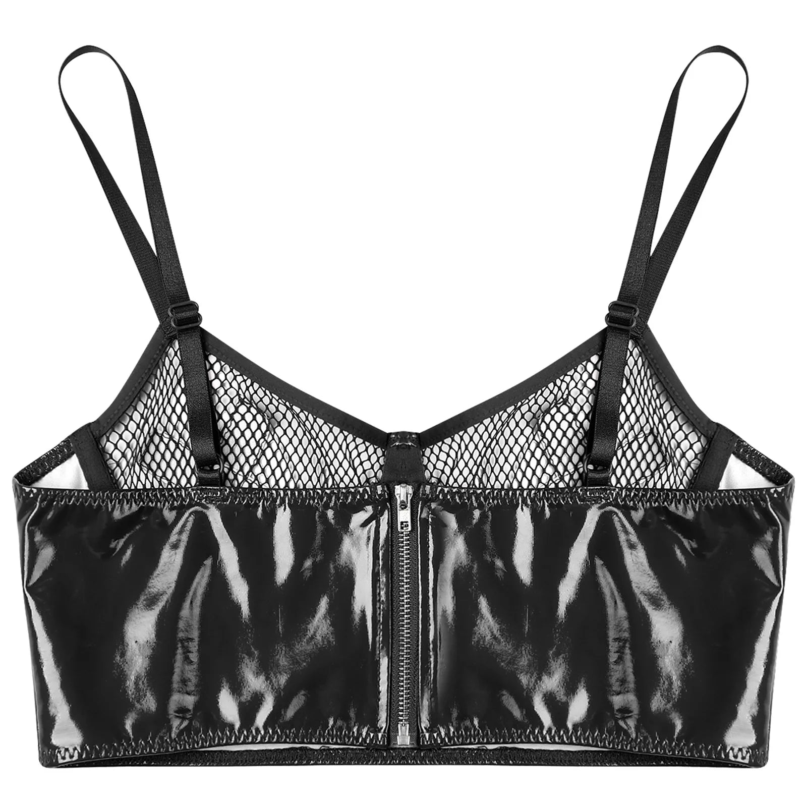 Bravellea Wet Look Leather Bustier - Sexy Push-Up Mesh Balconette Crop Top