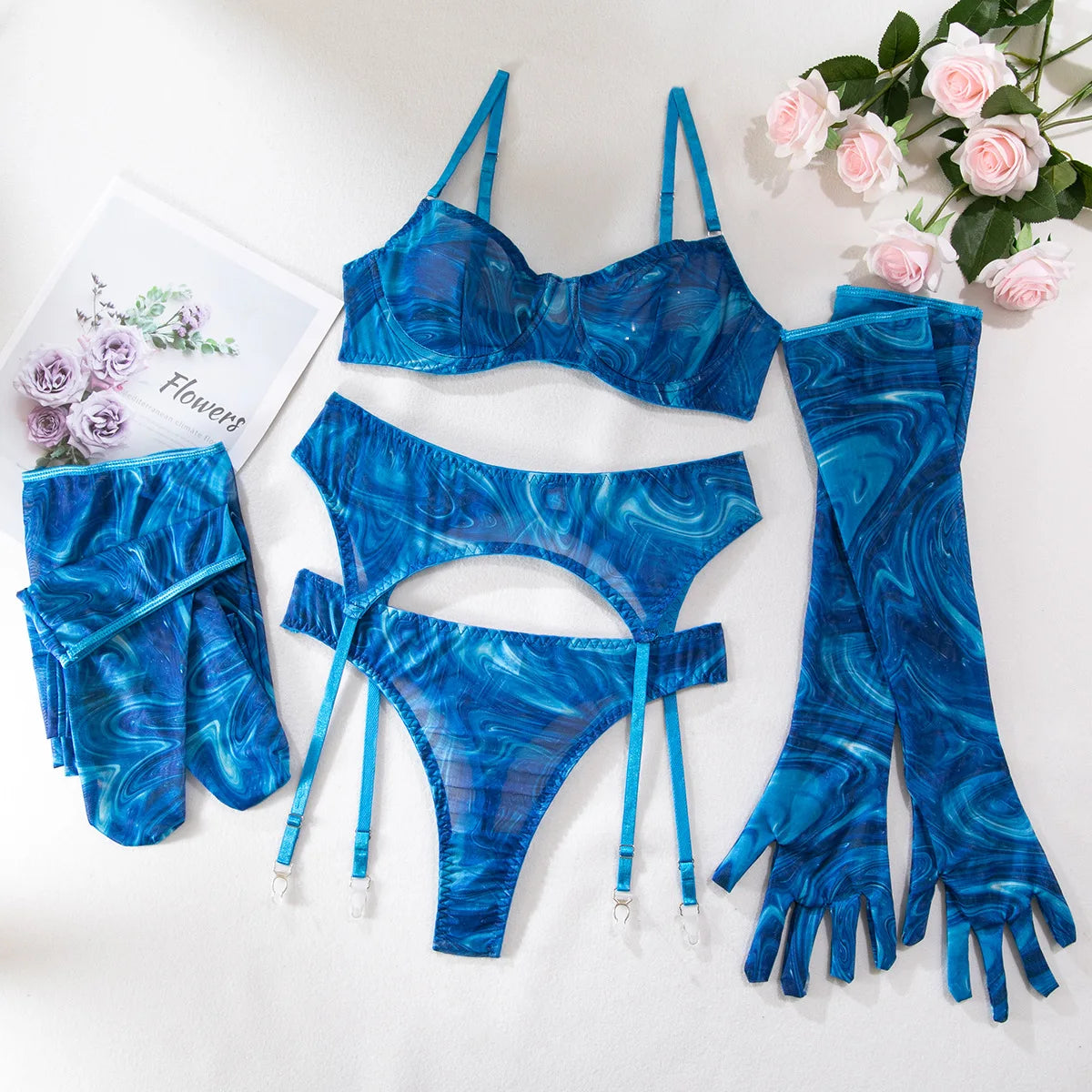 Bravellea Sexy Perspective Lingerie 5-Piece Set - Printed Bra, Gloves & Leg Set.