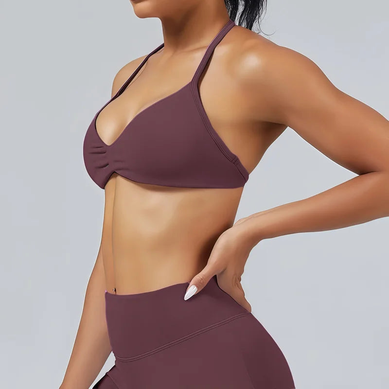 Bravellea Solid Color Impact Strappy Sports Bra - Seamless Yoga Halter Top