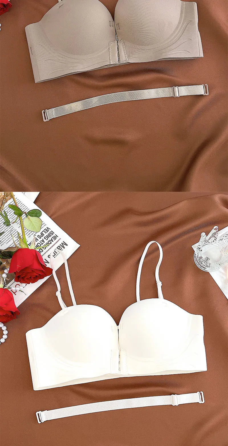 Bravellea Front Closure Push-Up Bra - Seamless Plunge Wireless Strapless
