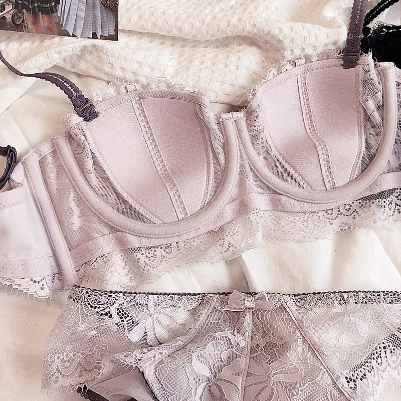Bravellea French Lace Embroidery Set - Sexy Push-Up Bra & Panty Lavender