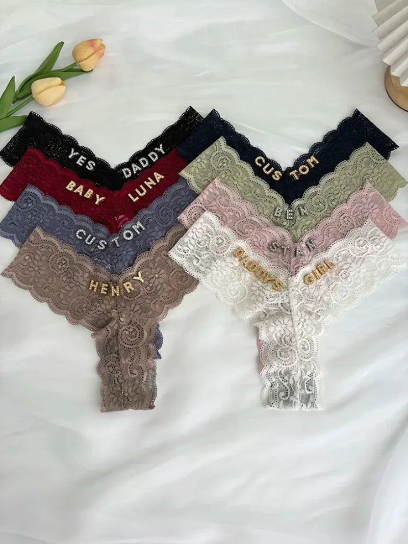Bravellea Personalized Crystal Name Thong - Custom Text Lace G-String Gift.