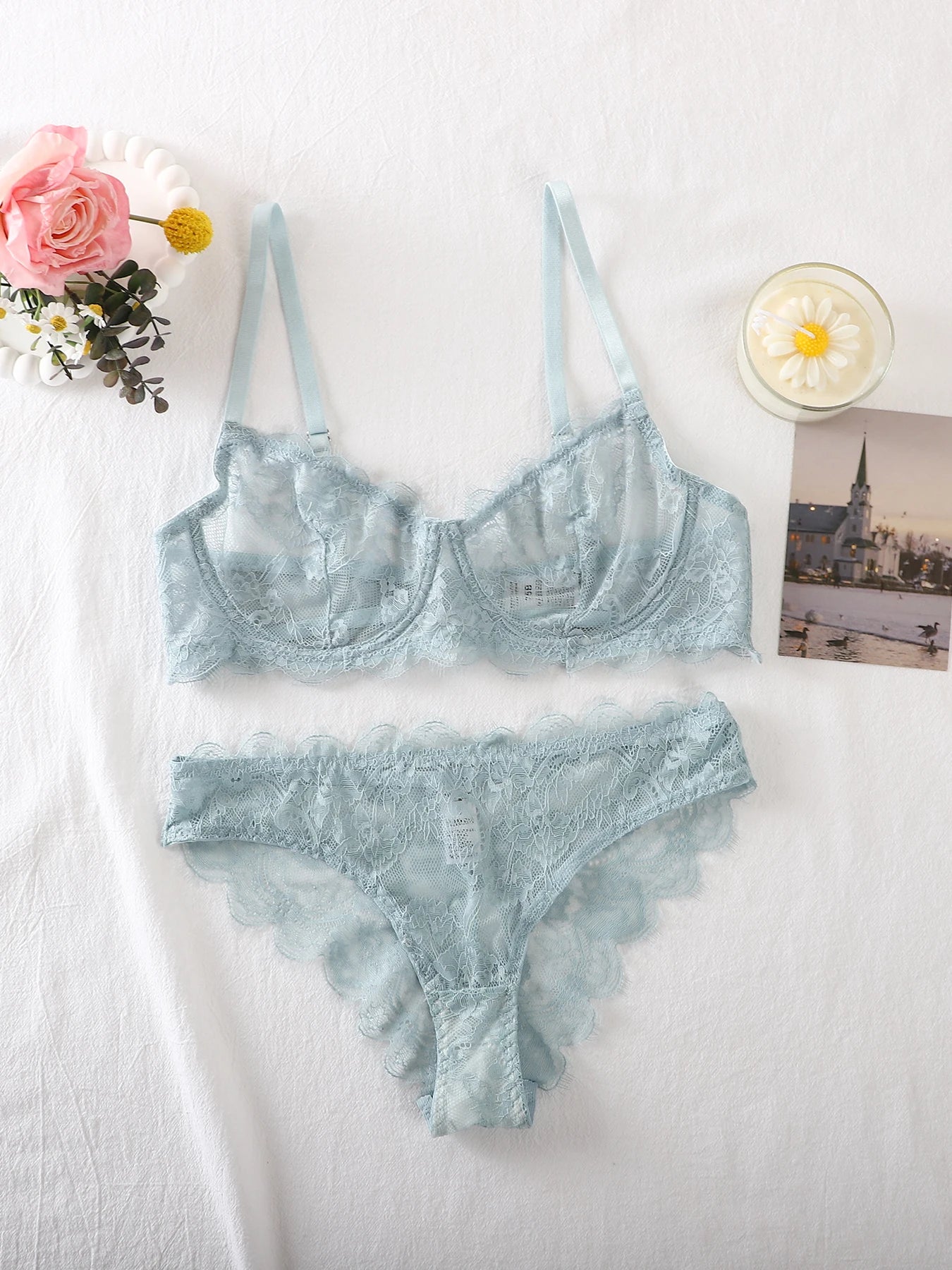 Bravellea See-Through Lace Intimates Set - Underwire Bra & Panty Multi-Color