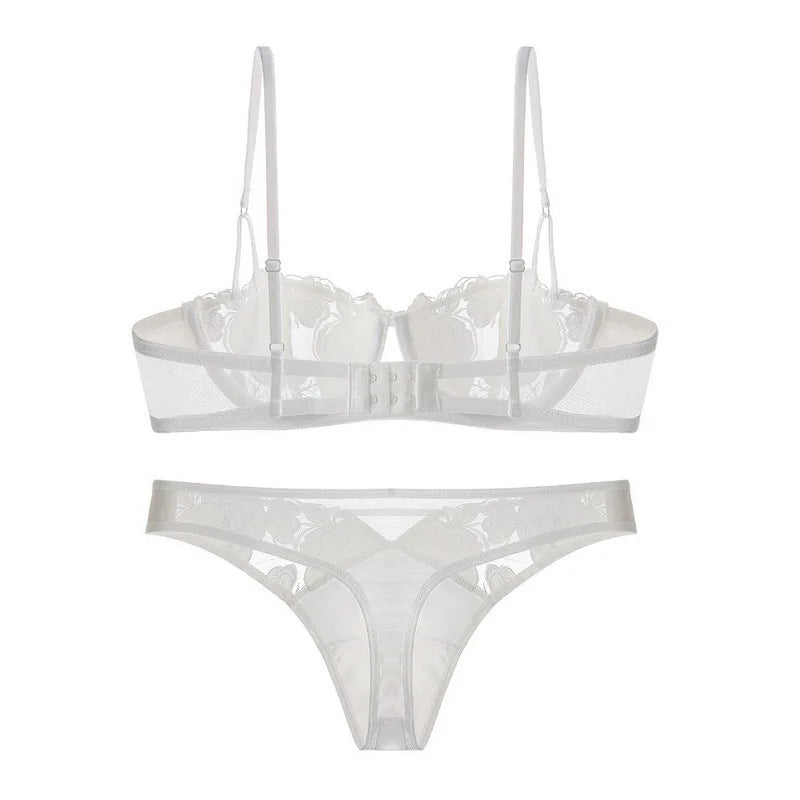 Bravellea French Rose Embroidery Set - Ultra-Thin Lace Bra & Panty