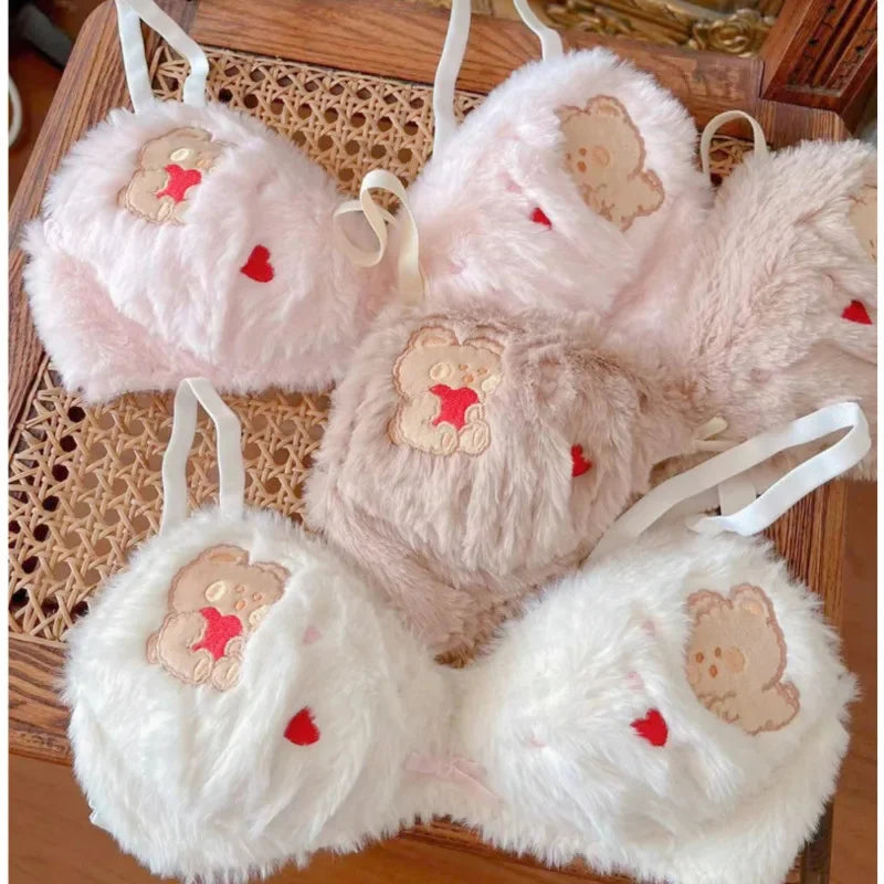 Bravellea Kawaii Bear Bra Set - Japanese Cute Plush Winter Lingerie