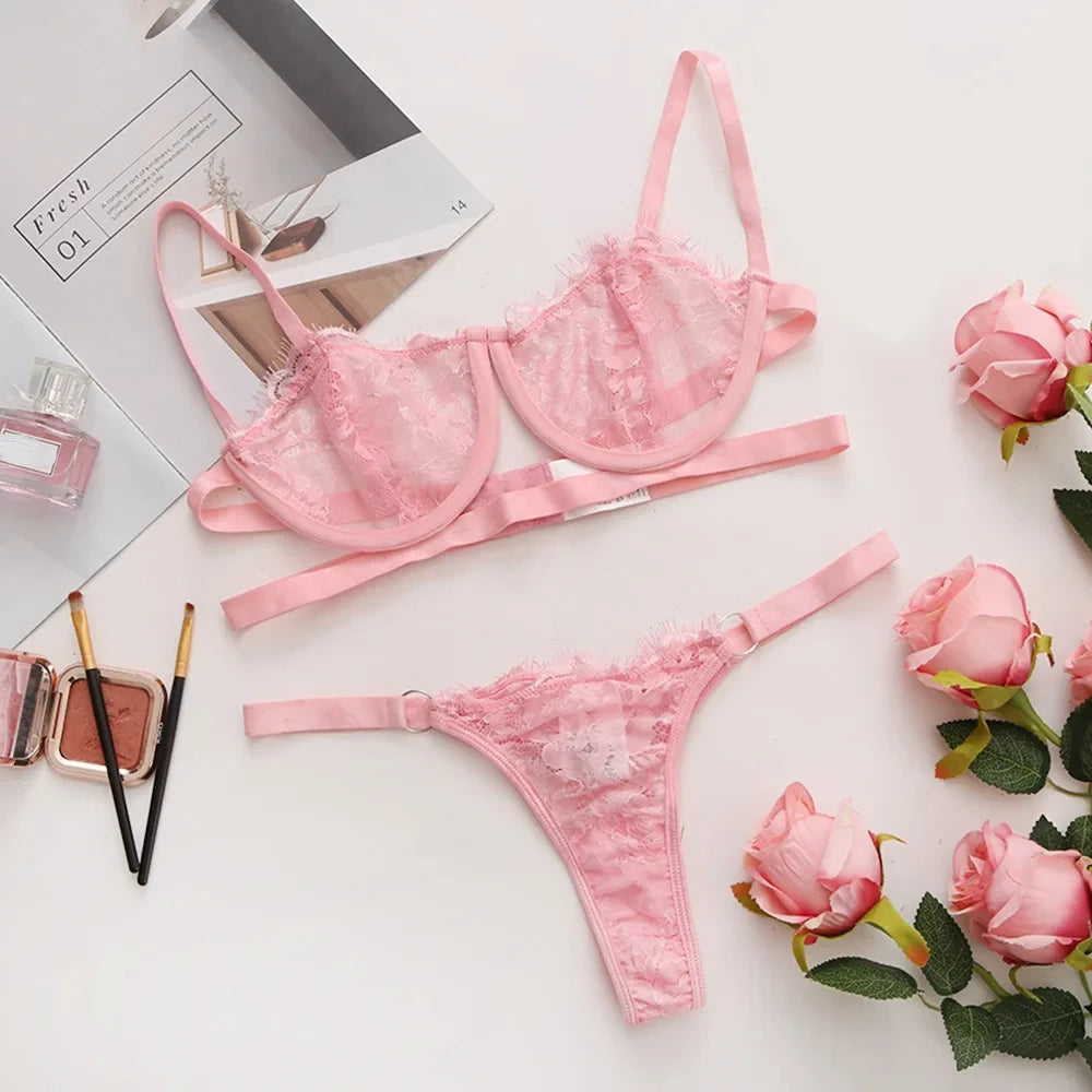 Bravellea Sexy Lace Lingerie Set - Transparent Embroidery Bra & Panty.