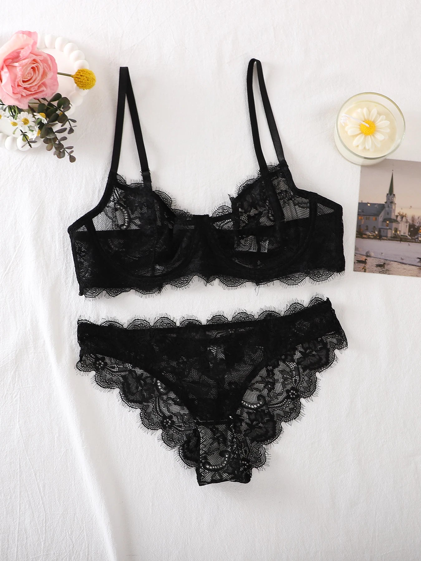 Bravellea See-Through Lace Intimates Set - Underwire Bra & Panty Multi-Color